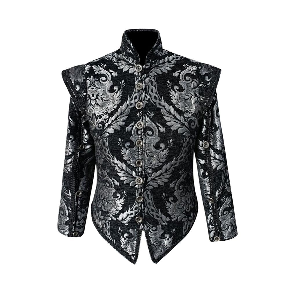 Willyacos Mens Tudor jacket Coat Tudor Elizabethan Period Noble King Colonial Pirate Costume Doublet with Removable Sleeves, Black Sliver, L