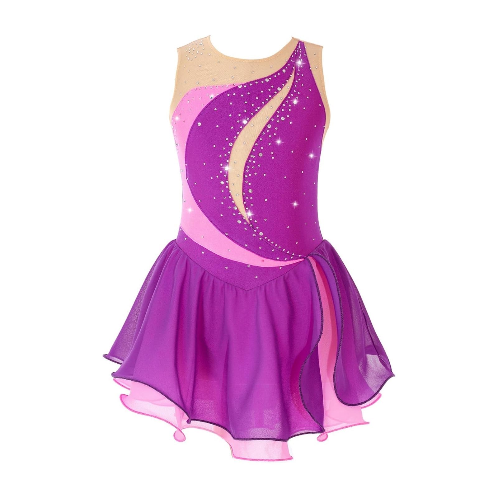 Maillot patinaje artistico Disfraz de patinaje sobre hielo for niña, vestido de patinaje artístico sin mangas con retales de diamantes de imitación, vestido de leotardo de danza y gimnasia de Ballet(K