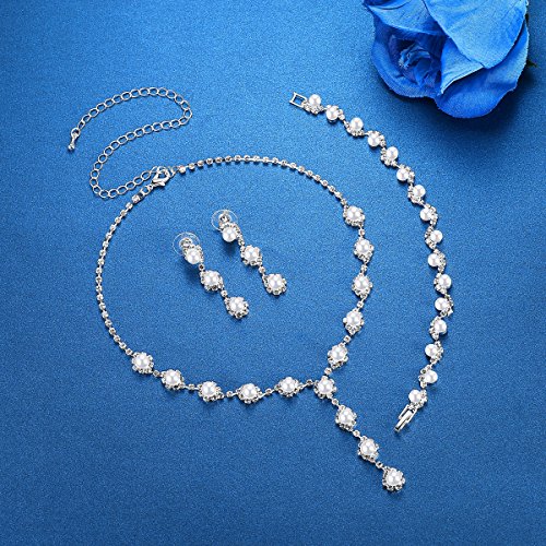 Mecresh Bridal Women Pearl Crystal Jewelry Sets For Wedding - (1 Set Earrings,1 Pcs Necklace, 1Pcs Bracelet) #TOP3