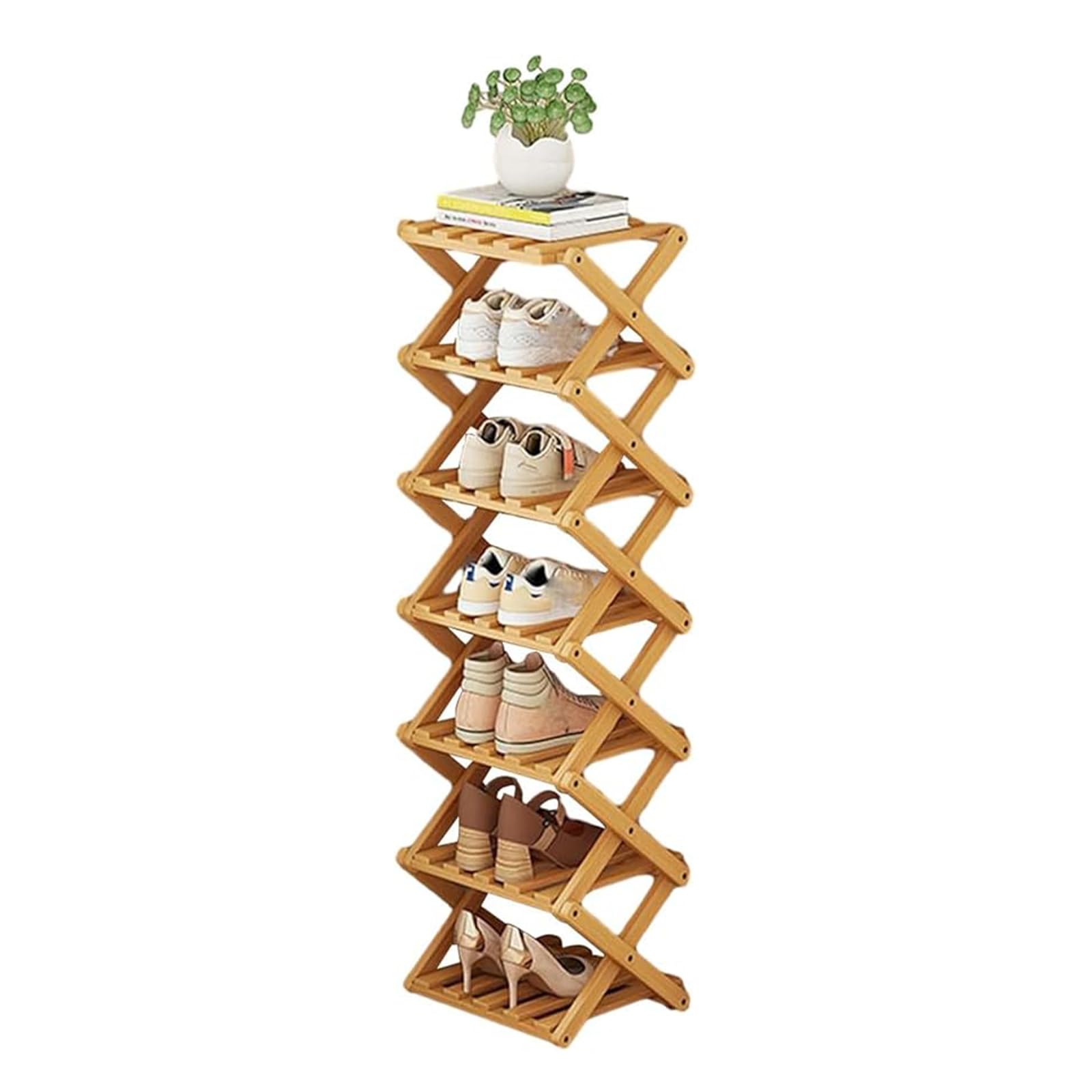 outer treasure Multi Tier Shoe Rack,Shoe Racks Storage,Narrow Shoe Rack,No Installation Foldable X Shape Shoe Racks,Multi layer Show Rack for Bathroom,Living Room Entryway (Natural Color-7 Tier)