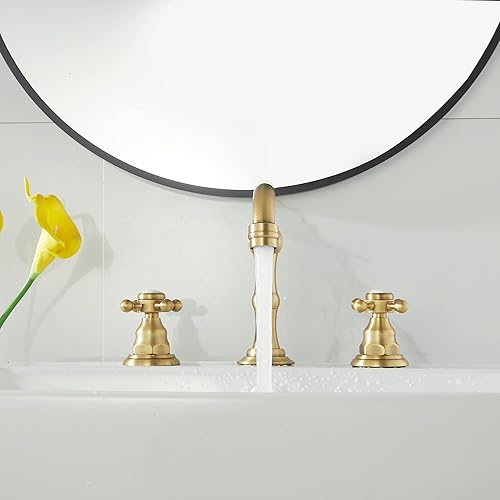 Miniatura 6 de GGStudy 2 manijas 3 agujeros grifo de baño extendido grifo de lavabo de latón antiguo grifo mezclador manguera de suministro incluida metal a juego