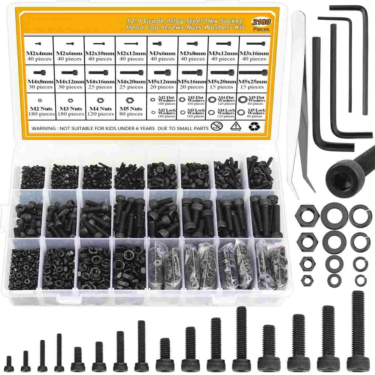 2180Pcs M2 M3 M4 M5 Hex Socket Head Cap Screws Nuts Washers Assortment Kit, 12.9 Grade Alloy Steel Metric Screw Assortment with Hex Wrenches