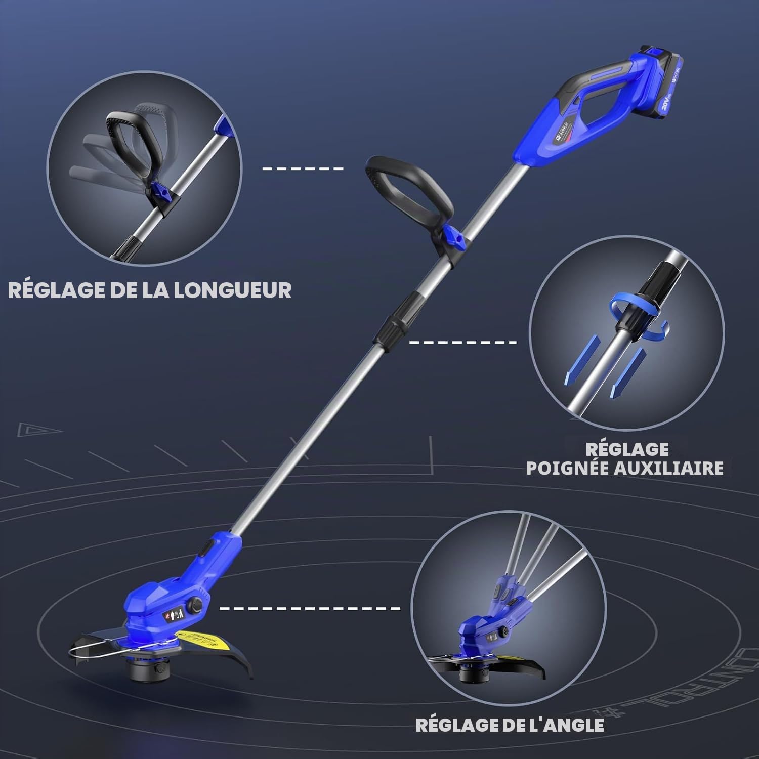 Coupe-Bordure sans Fil avec 2X 2.0Ah Batteries et Chargeur – Débroussailleuse Électrique Ultralégère 1,9kg, Largeur 30cm, 9000RPM, 3 Bobines – Idéal pour Finitions de Pelouse (Bleu Foncé)