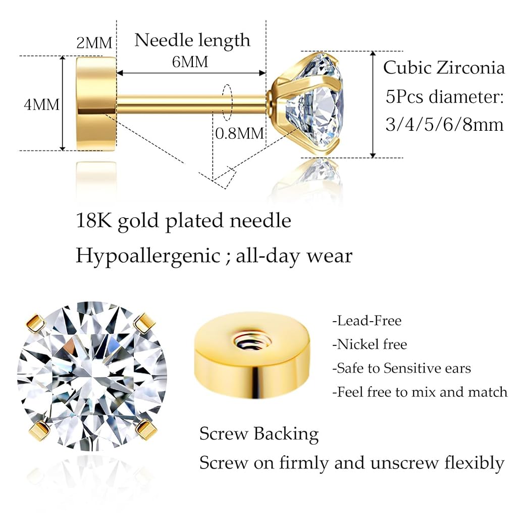 SANNIDHI® 5 Pairs Ear Studs for Women Stylish Earrings for Women Flat Back Gold Cartilage Stud Earrings Set Cubic Zirconia 316L Stainless Steel Hypoallergenic Nickel-Free Earring - 3/4/5/6/8mm 1