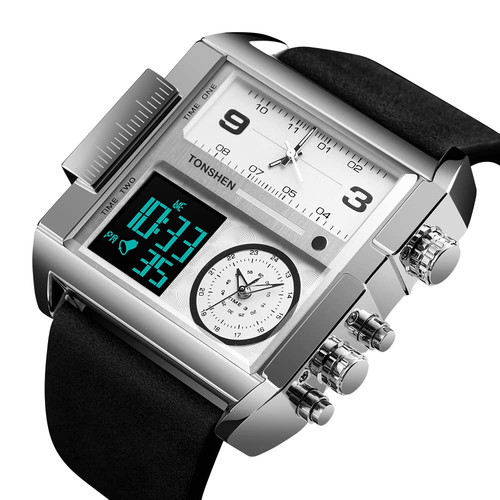 TONSHEN Moda męska cyfrowy zegarek ze stali nierdzewnej ze skórzanym paskiem outdoorowy wojskowy wielofunkcyjny LED elektroniczny analogowy kwarcowy trzykrotne zegarki sportowe duża prostokątna tarcza, Srebrny 1, bransoletka