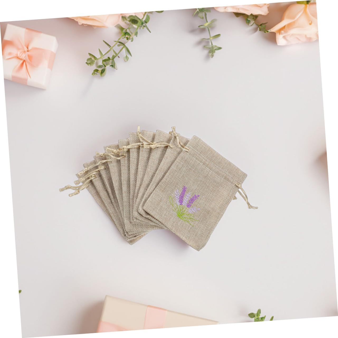 JECOMPRIS 22 Sacchetti di Iuta Ricamo Lavanda, Sacchetti Ricaricabili Chiusura a Coulisse, Design Elegante per Gioielli e Piccoli Oggetti, 10x14cm