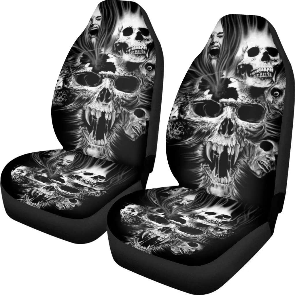 Dellukee Auto Front Car Seat Covers Seats 2 PCS Skull Print Universal Bucket Interior Accessories Decoration fits Most Cars, SUVs, Trucks, and Vans