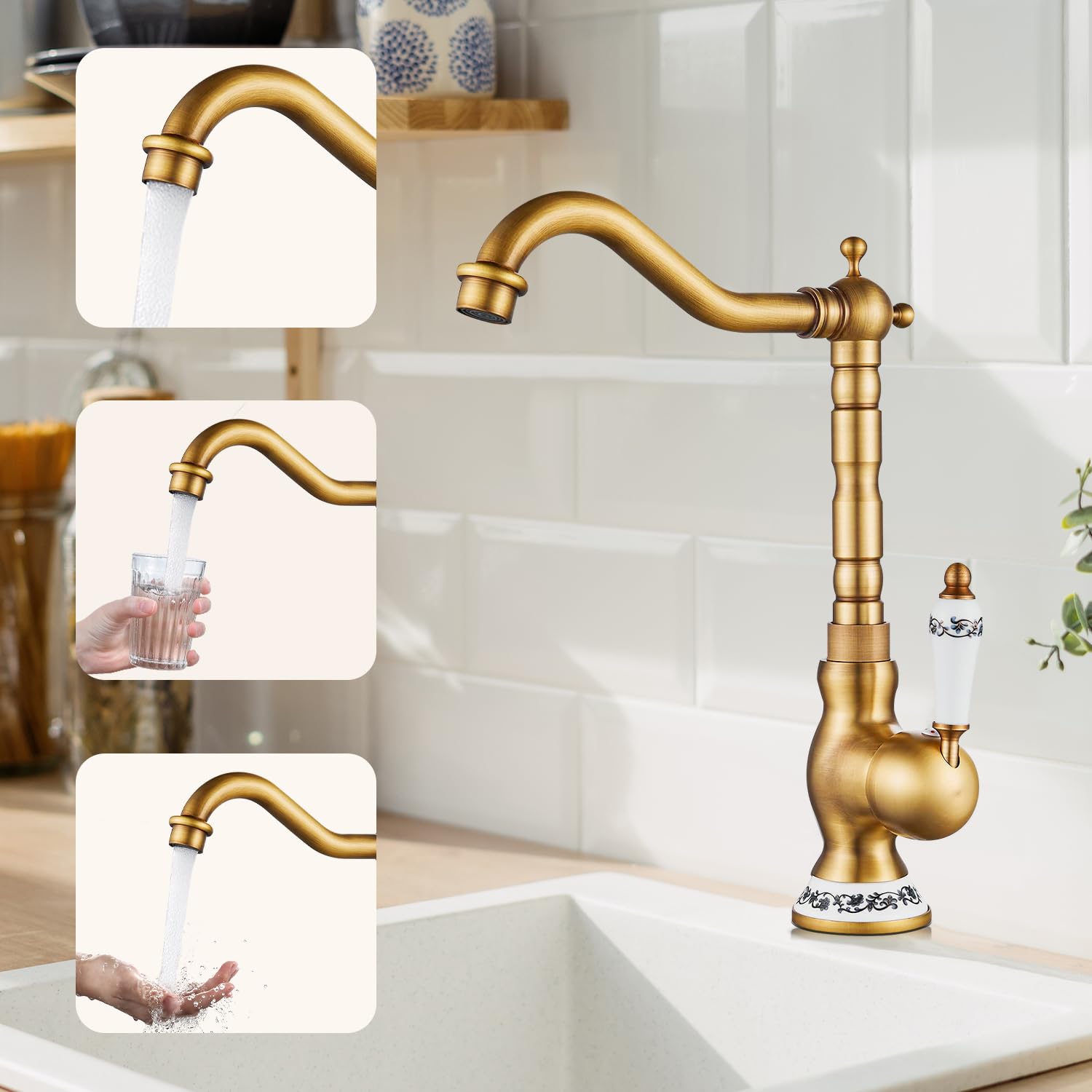 Grifo para Lavabo de Baño, Monomando Vintage de Cerámica, Estilo Retro Dorado, Latón Antiguo, con Manguera Flexible