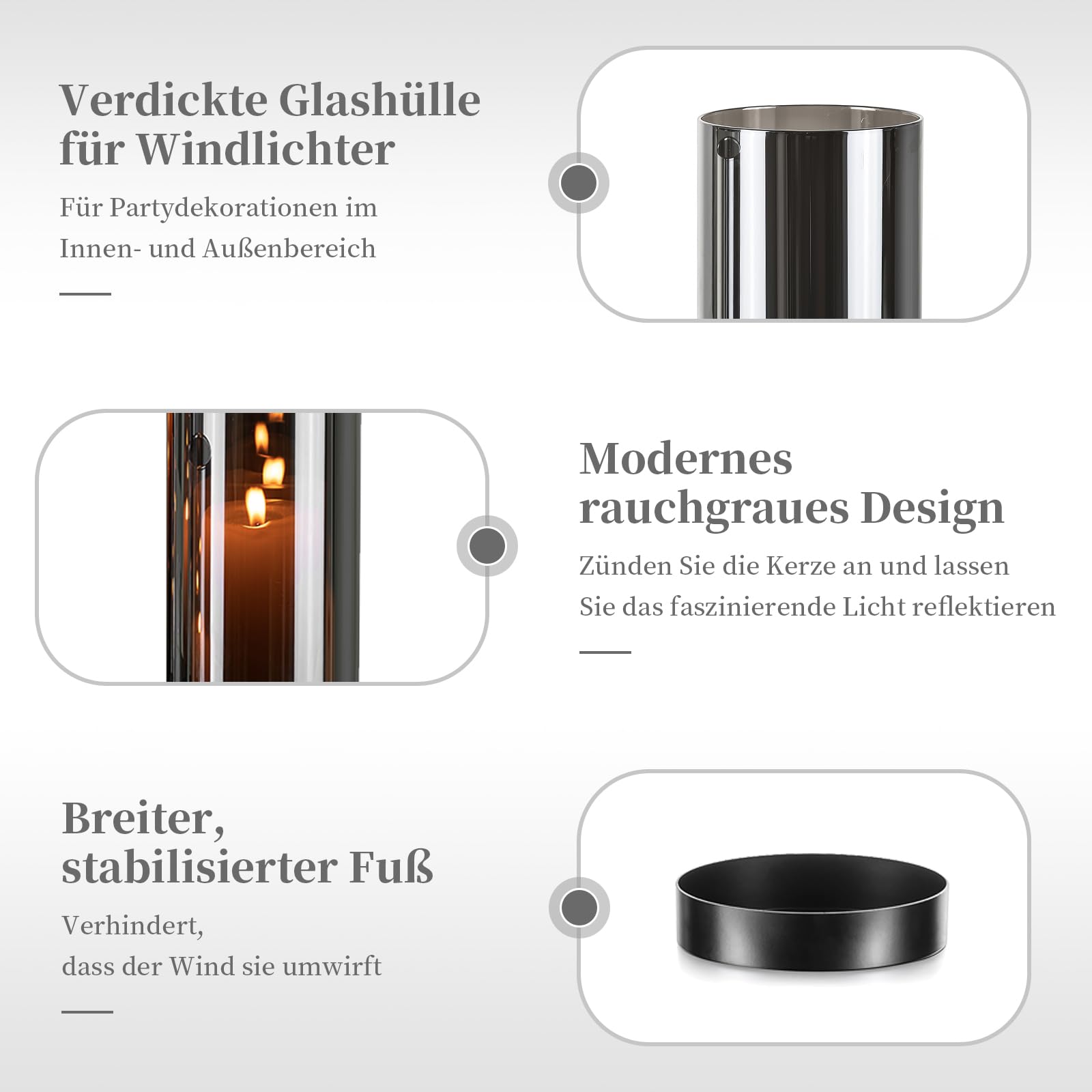 Glasseam Windlicht Glas Schwarz Tischdeko: 4er Set Windlicht Outdoor Modern Windlichter Kerzenhalter Metall für Deko Wohnzimmer Glaszylinder Kerzengläser für Draußen Advent