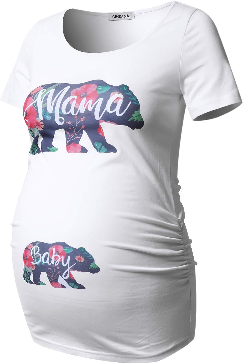 GINKANAShort Sleeve Maternity Tops Shirts Floral Ruched Sides Casual Mama Pregnancy Blouses Clothes