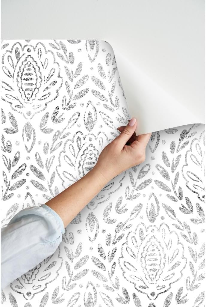 Peel & Stick Wallpaper 9ft x 2ft - Distressed Grey Damask Leaves Black White Gray Neutral Custom Removable Wallpaper by Spoonflower