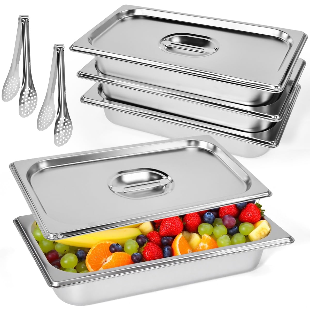 4PCS Gastronormbehälter Set 4-teilig Gastronorm 1/3 con Tapa 325x175x65mm Recipiente Acero Inoxidable con Tapa Bandejas Gastronorm Horno -40° a 300°C Almacenamiento de Alimento + 2 Pinzas