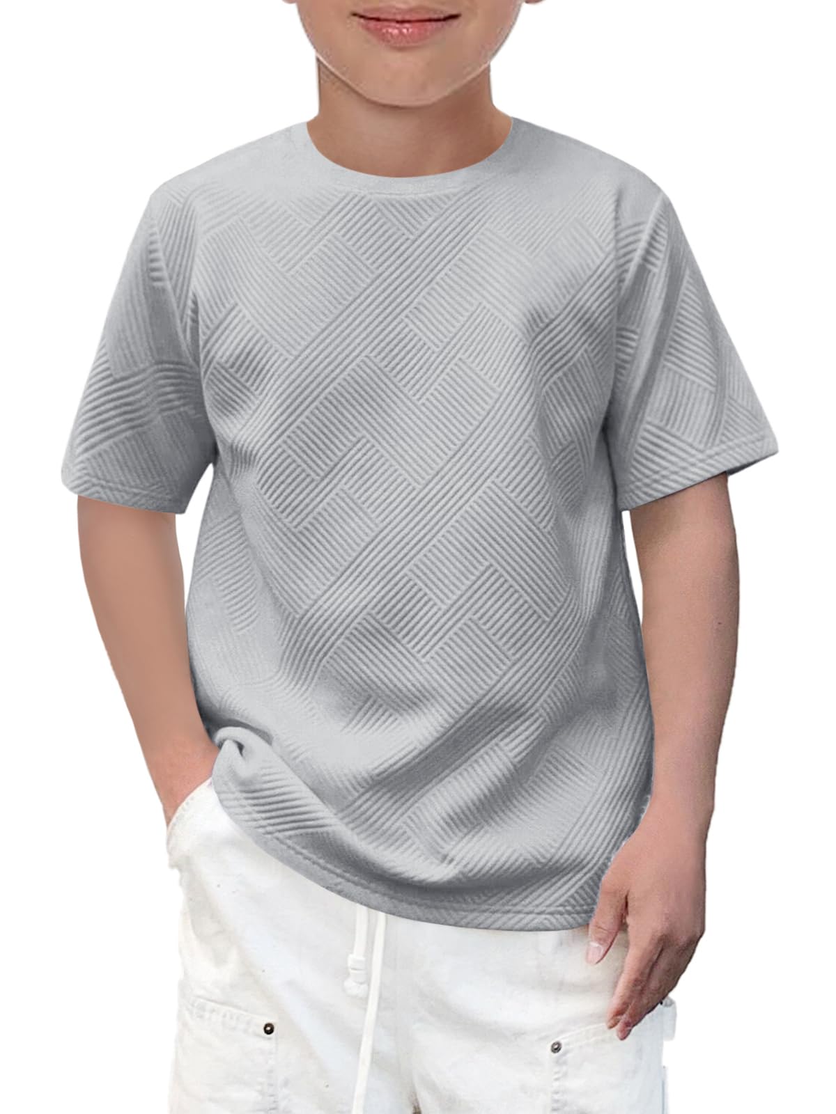 Haloumoning Boys Geometric Texture T-Shirts Kids Fashion Crewneck Short Sleeve Loose Tops Tees 5-14 Years