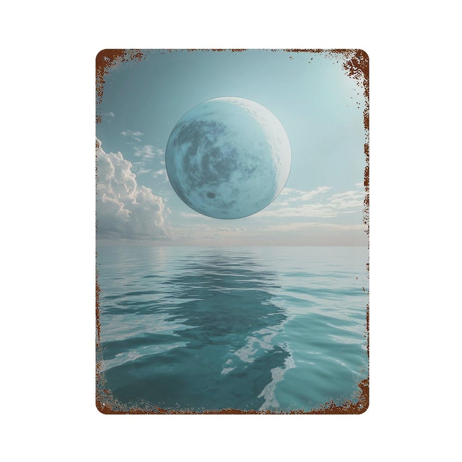 Distressed Metal Wall Sign with Giant Moon Over Ocean Design 15.7"x11.8", for Living Room, Hallway And Home Decor, Vintage Wall Decor