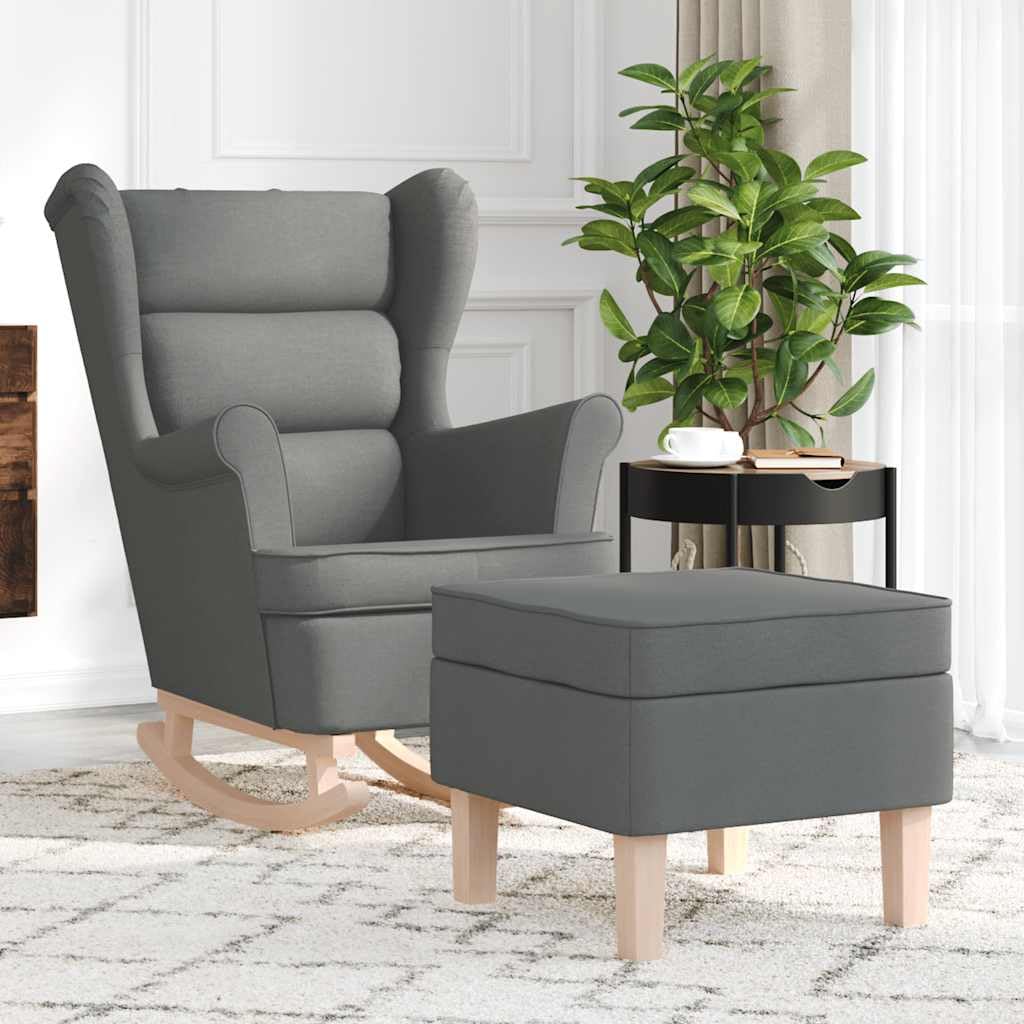 Poltrona a Dondolo con Poggiapiedi, Comfortevole Imbottitura in Gommapiuma, Tessuto 100% Poliestere e Legno di Gomma, Dimensioni 74x90x102 cm, Grigio Scuro for Soggiorno, Camera da Letto e Ufficio