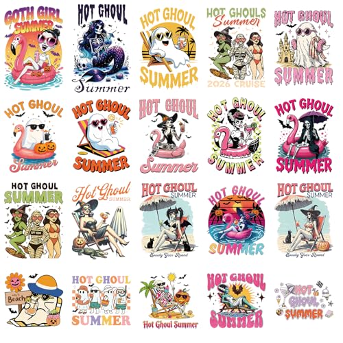INCOK Summer Halloween DTF Transfers Ready to Press - 20 Sheets Cute Ghost Heat Transfers Sticker for T-Shirts Tropical Ocean Beach Iron on Decals Oatches for Hat Backpack Dress DIY Craft Decor