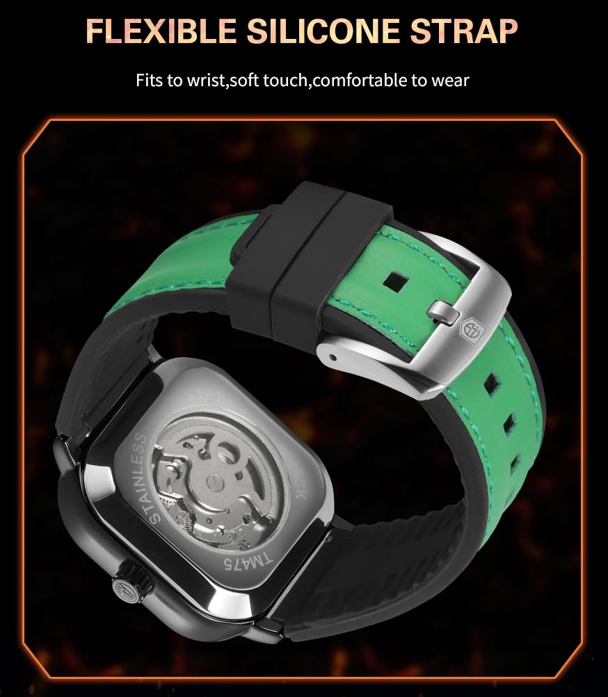 FORSINING Orologio quadrato sportivo automatico impermeabile da uomo con cinturino in silicone