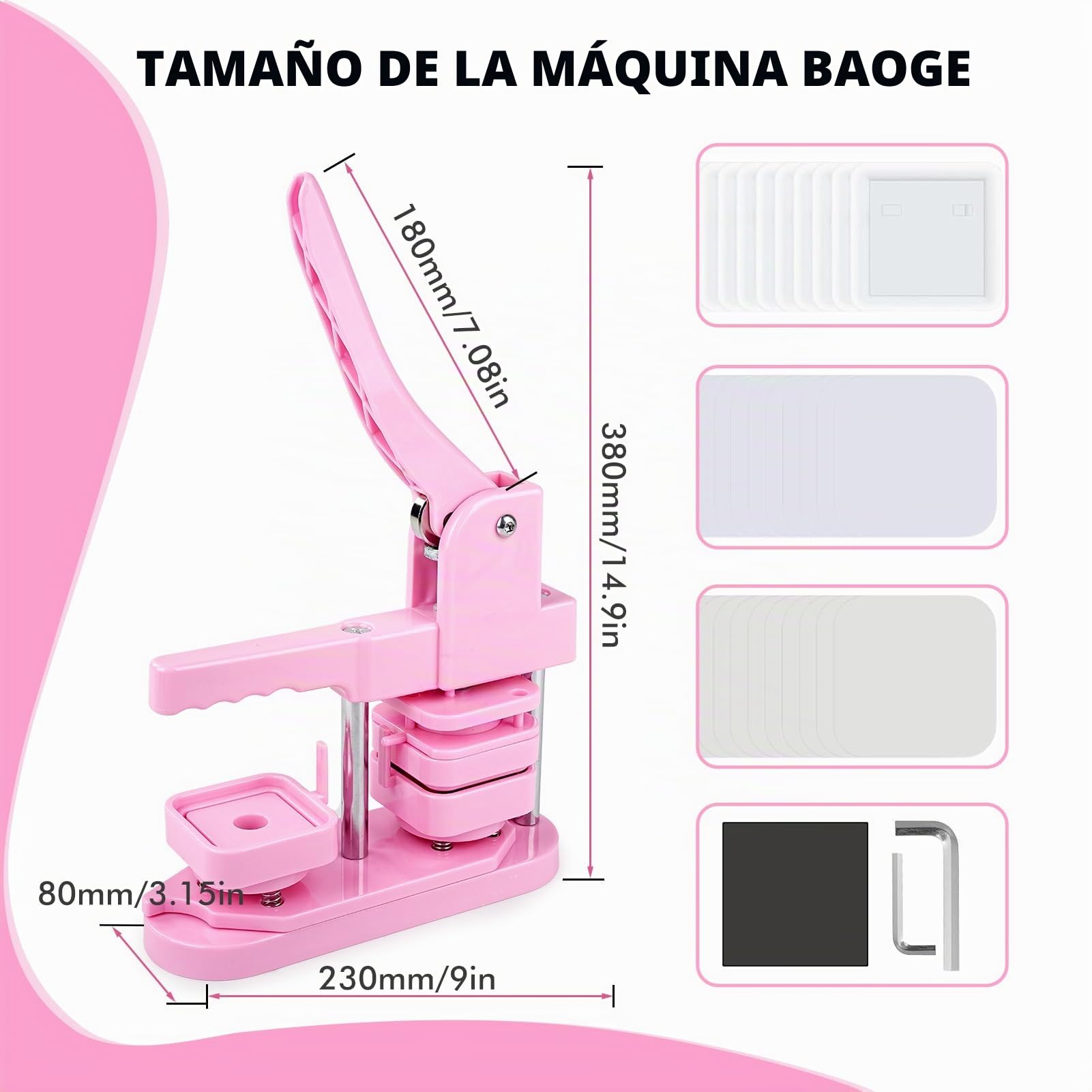 Juego para hacer insignias, botón cuadrado de 50 mm, imán para nevera, máquina perforadora de insignias sin instalación, con 100 juegos de consumibles de botón magnético (rosa)
