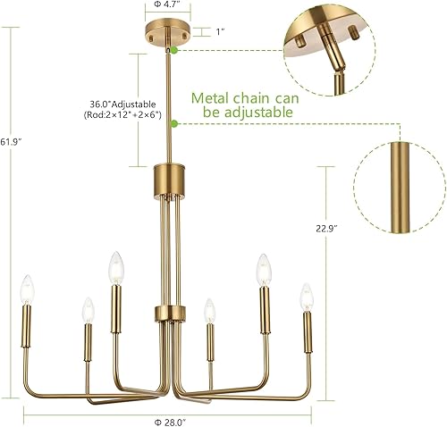 Miniatura 3 de Niloah Candelabro moderno dorado para comedor, 6 lámparas de araña de oro cepillado, lámparas de comedor sobre mesa de 28 pulgadas, altura ajustable