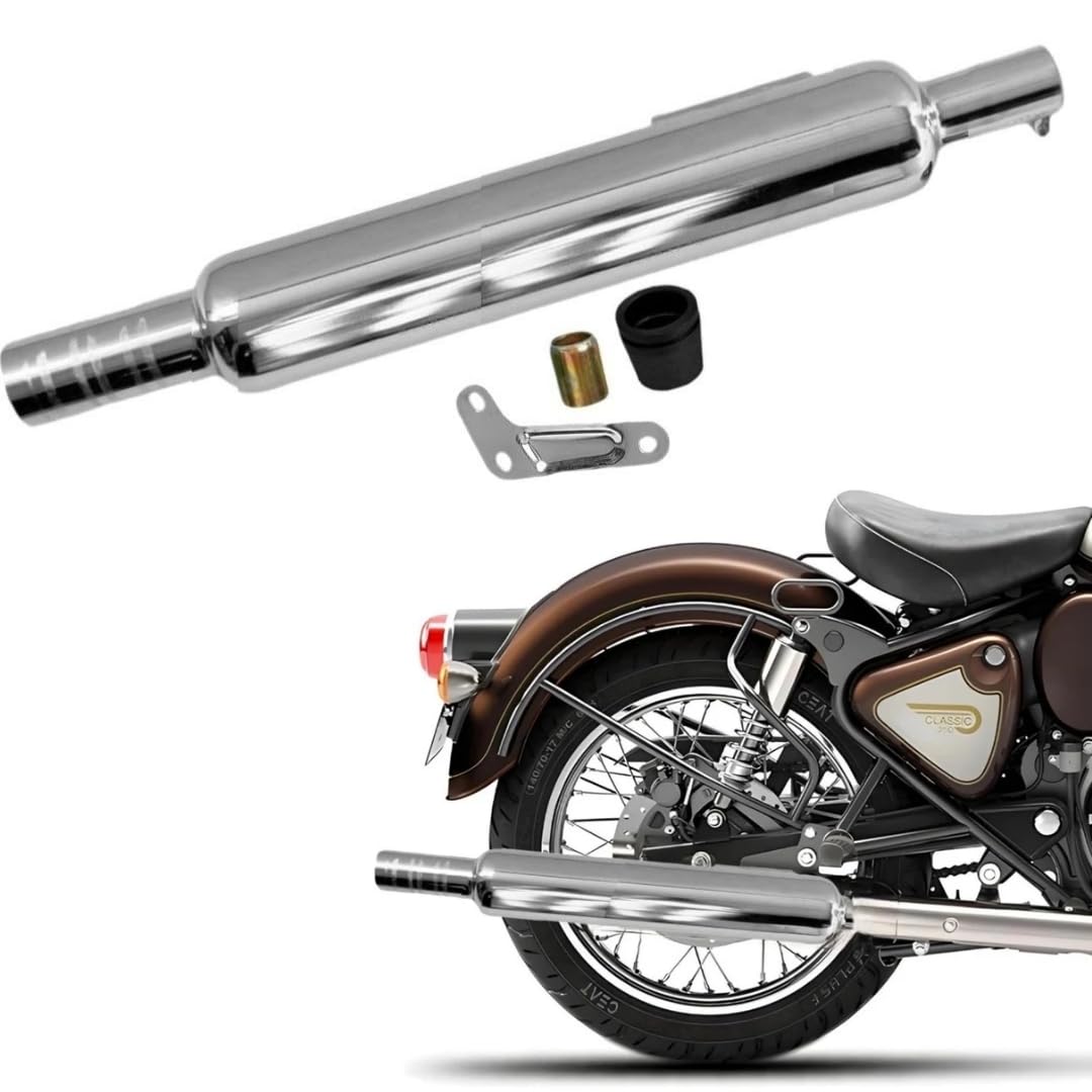 Long Punjab Silencer Free Flow For Loud Sound For Royal Enfield Classic Reborn 350cc, Bullet 2023 350cc, Meteor 350cc (Big Mouth, Chrome)-image-19