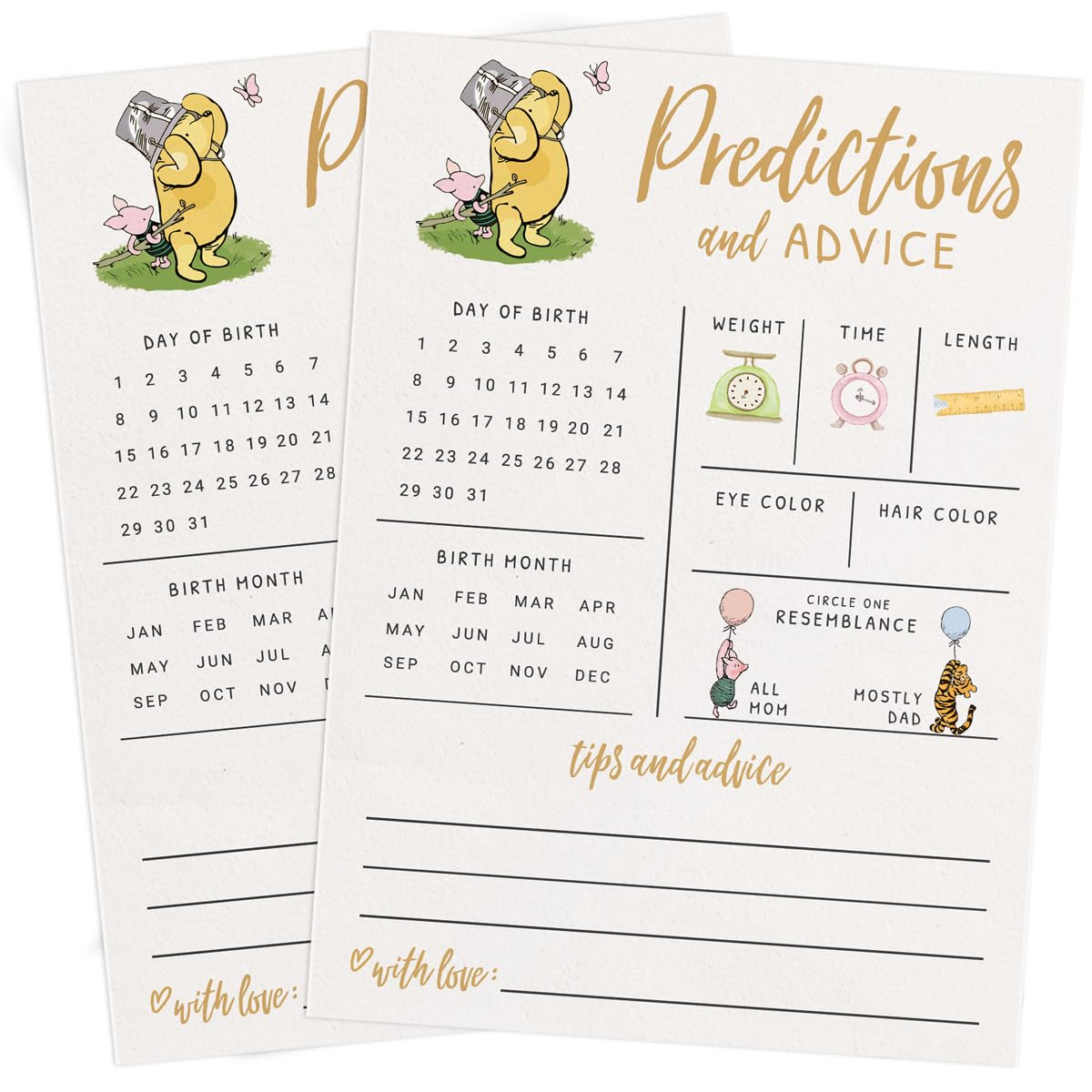 Printed Party Baby Predictions & Advice Cards – Classic Pooh Theme, Winnie Baby Shower Game for Guests, Gender Reveal Activity for Boy or Girl Activity, 30 Pack
