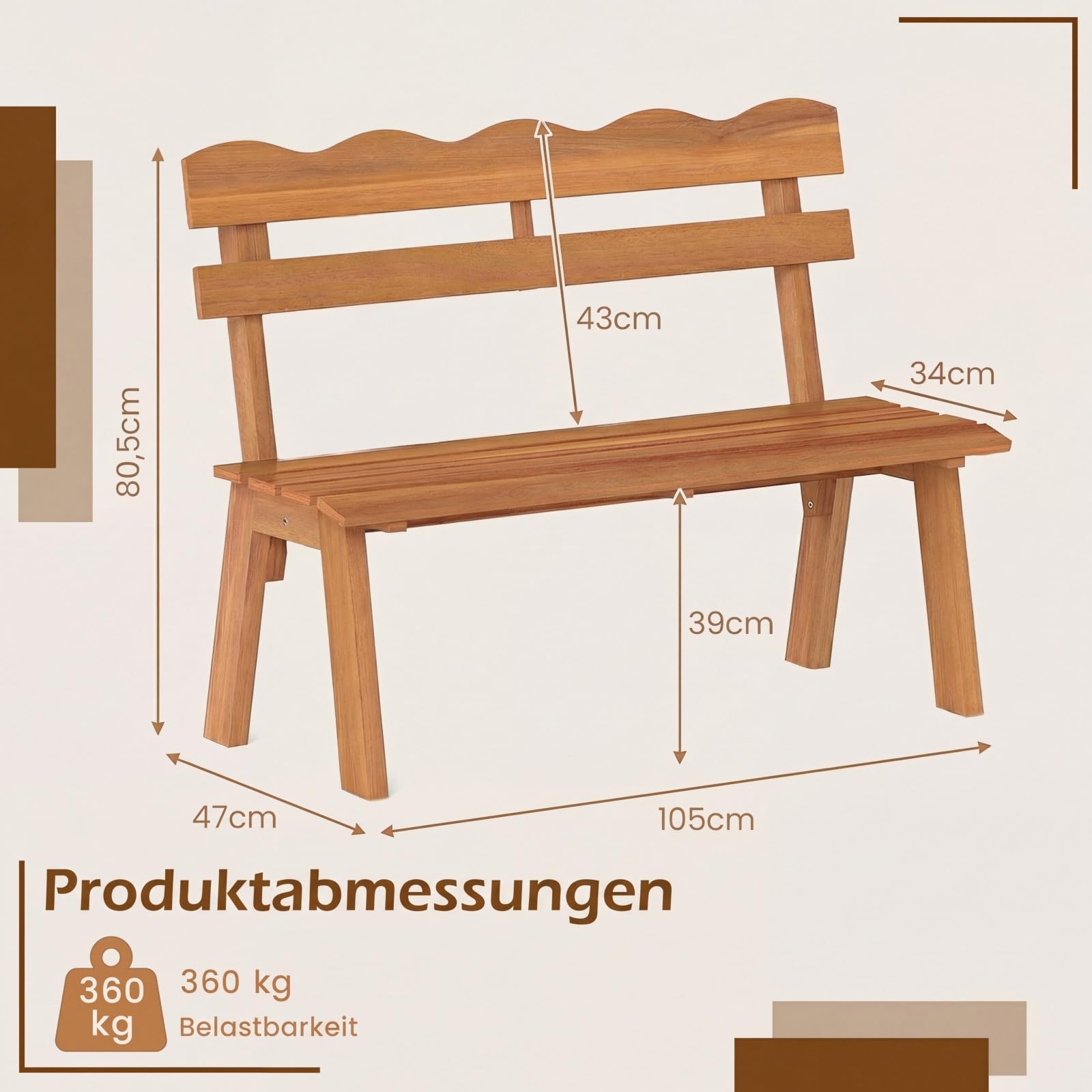 DREAMADE Gartenbank aus Akazienholz, Outdoor Sitzbank für 2 Personen mit ergonomischer Rückenlehne & Latten-Sitz, Parkbank bis zu 360 kg belastbar, Holzbank für Terrasse, Veranda & Balkon, Natur