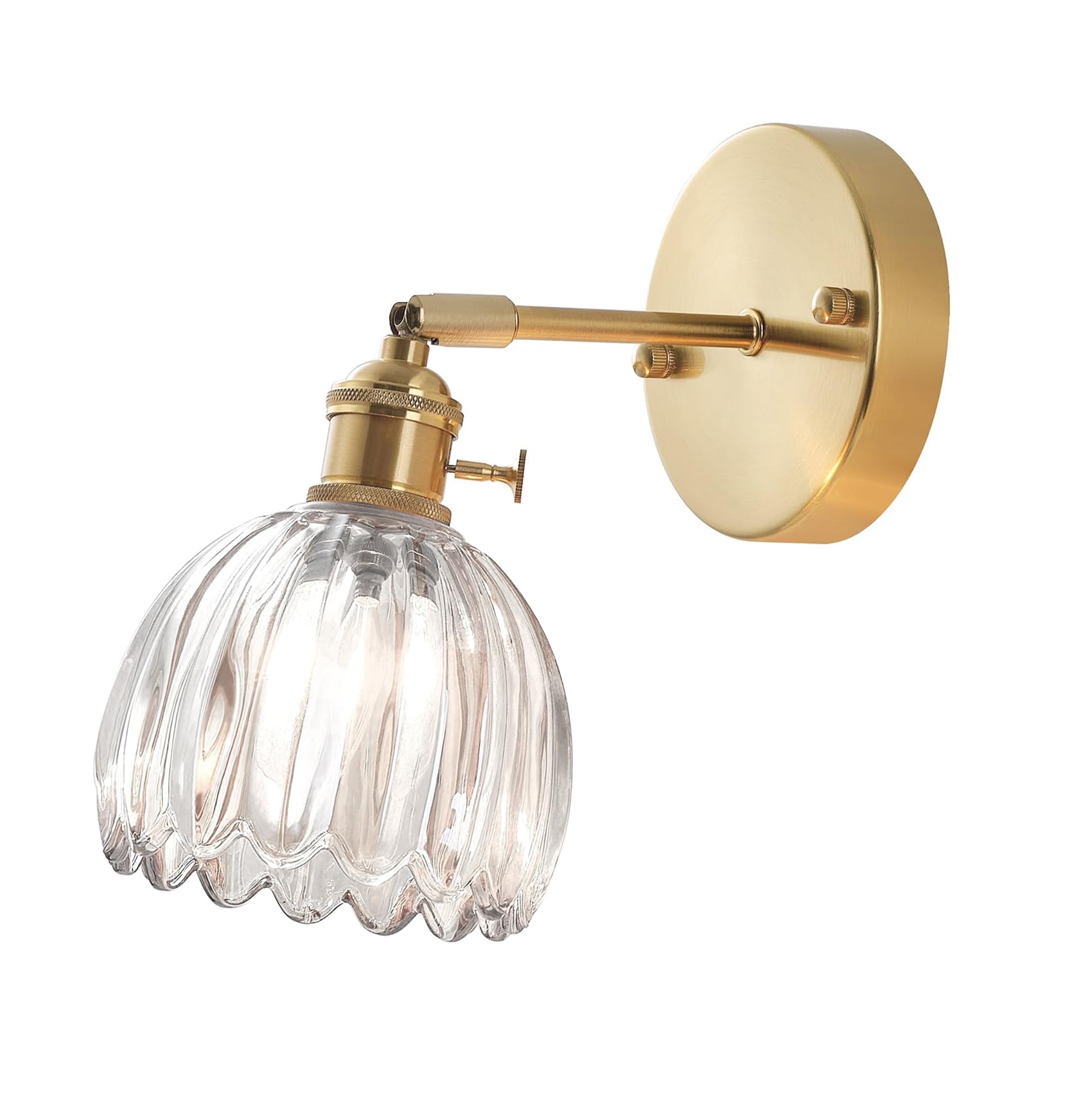 LFsem Vintage Wall Light with Floral Glass Shade & Gold Metal Fittings, Angle Adjustable E27 Wall Sconce with Switch for Hallway Bedroom Bathroom Indoor Lighting (Clear, 1 Pack)