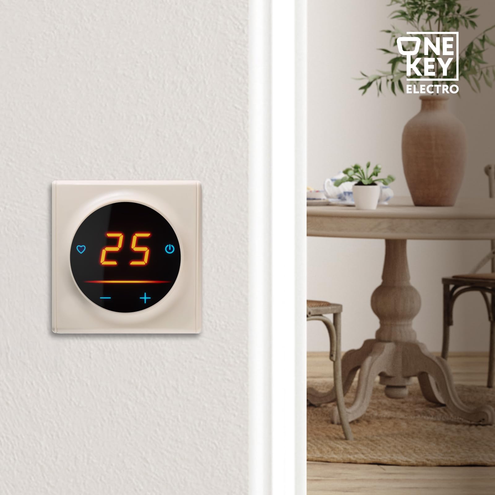 OneKeyElectro 25 designerski regulator temperatury z ekranem dotykowym Garda ze szklaną ramą, inteligentny termostat WiFi do elektronicznego ogrzewania podłogowego, kolor: beżowy, ramka: Florence - PC
