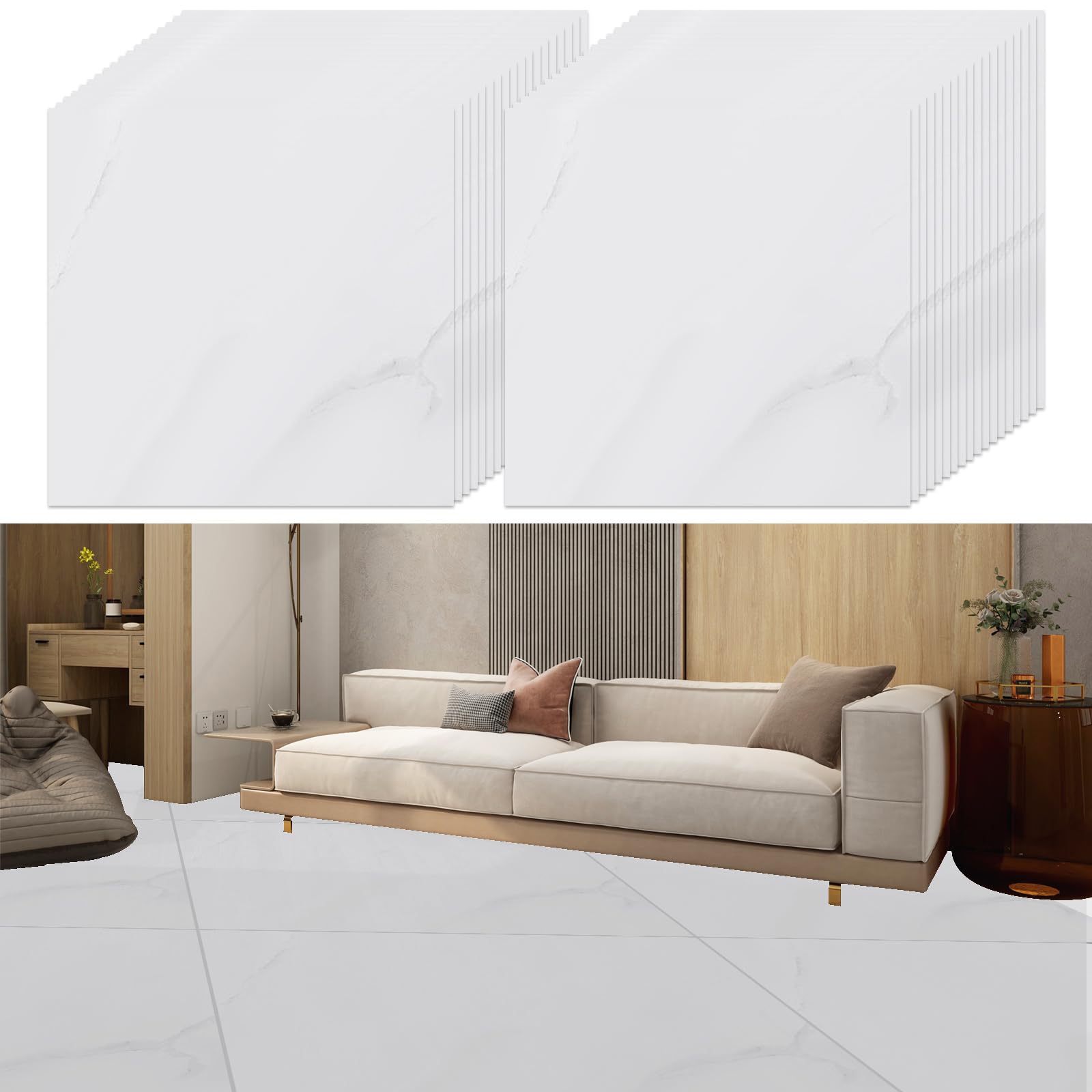 YAYODS 40 Pack Self Adhesive Vinyl Floor Tiles, 30x30cm Waterproof White Marble Veining Effect, Peel and Stick for Kitchen Bathroom Living Room and Floor Planks