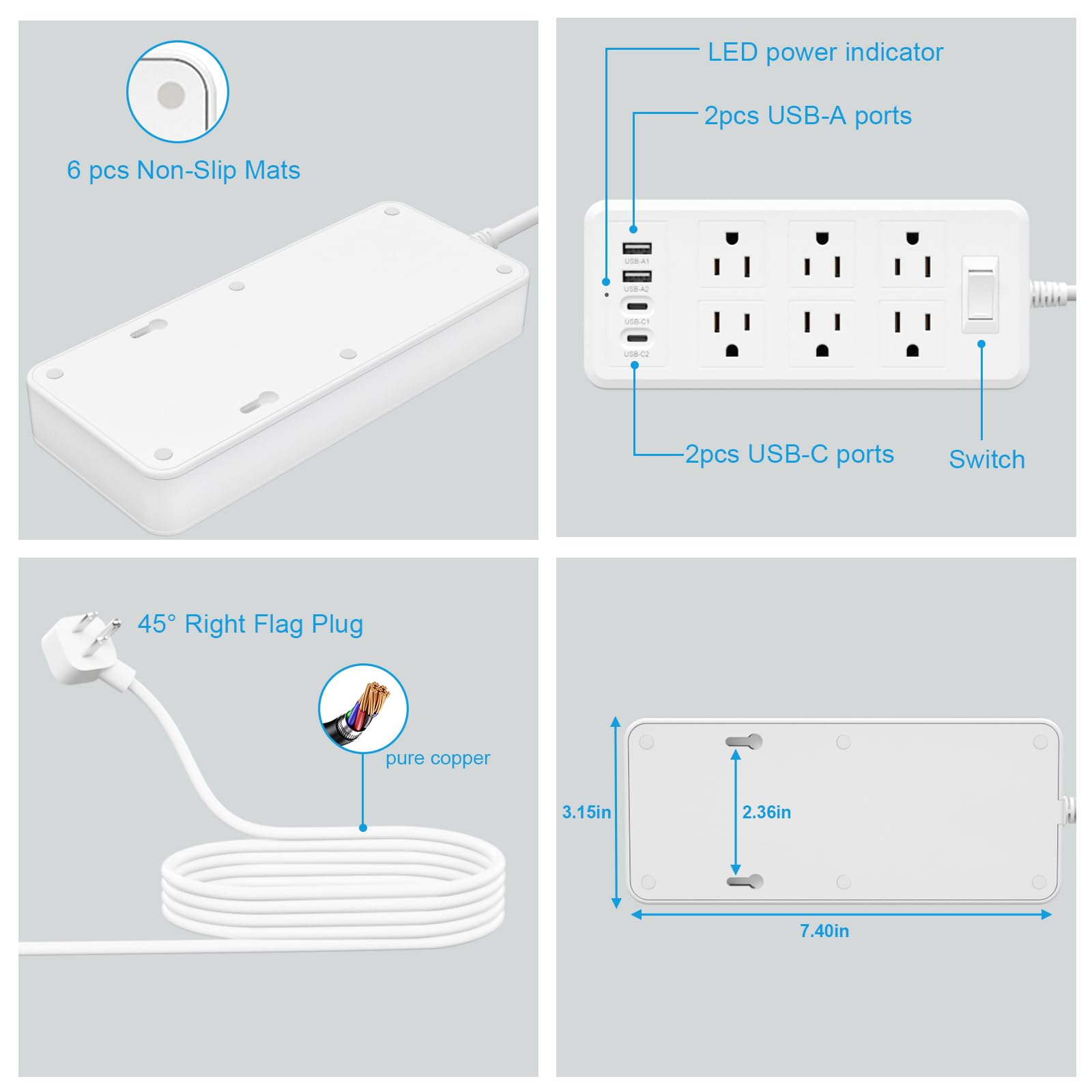 Verlängerungskabel, 1,8 m, Überspannungsschutz mit 6 AC-Ausgängen, 4 USB-Ports (2 USB-C-Ports), max. 17 Watt für Telefon, flacher Netzteil, Kiudth für Reisen, Büro