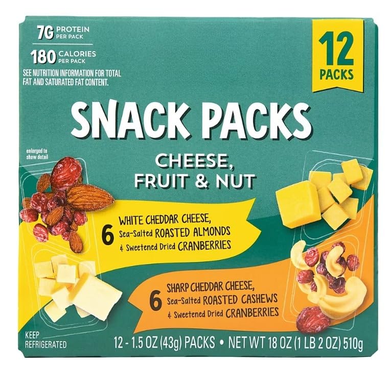 Cheese Fruit & Nut Snack Packs , Are perfect for an on-the-go snack! Featuring 12 individual packs and two varieties - six with Natural Sharp Cheddar Cheese, Sea-Salted Roasted Cashews and Sweetened Dried Cranberries, and six with Natural White Cheddar Cheese, Sea-Salted Roasted Almonds and Sweetened Dried Cranberries. The packs feature two compartment trays, one with bite size pieces of cheese and the other with a blend of fruit and nuts. [ 18 oz , 1.12 lb ]