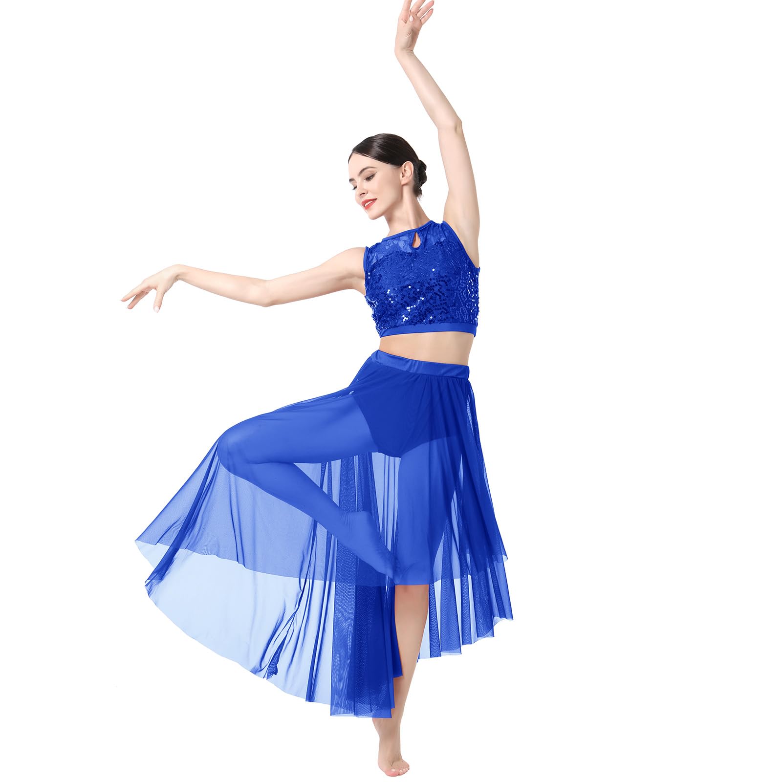 ODASDOLyrical Dance Costume for Women Sequin Lace Floral Crop Top Asymmetrical Flowy Mesh Tulle Skirt 2pcs Outfit