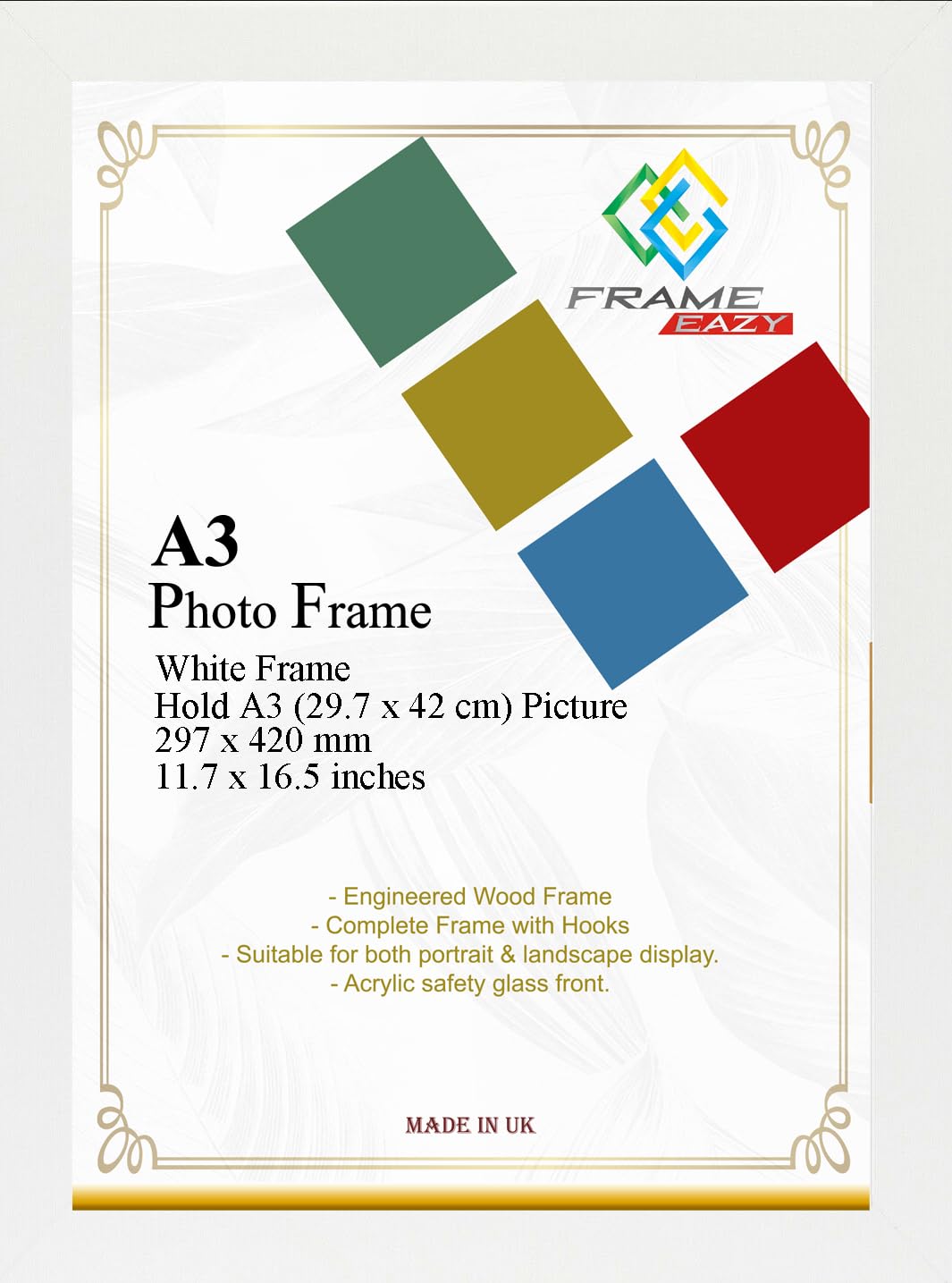 FRAME EAZY Modern White A3 Photo Frame In Size 29.7 x 42cm Picture Frames - A3 Picture Frame - Poster Frame - White Frame with Clear Safe Perspex Front & Wall Mounted Hooks