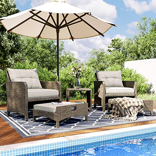 Pamapic 5 Pieces Wicker Patio Furniture Set Outdoor Patio Chairs with Ottomans Conversation Furniture with coffetable for Poolside Garden Balcony(Grey Cushion +Grey Rattan)