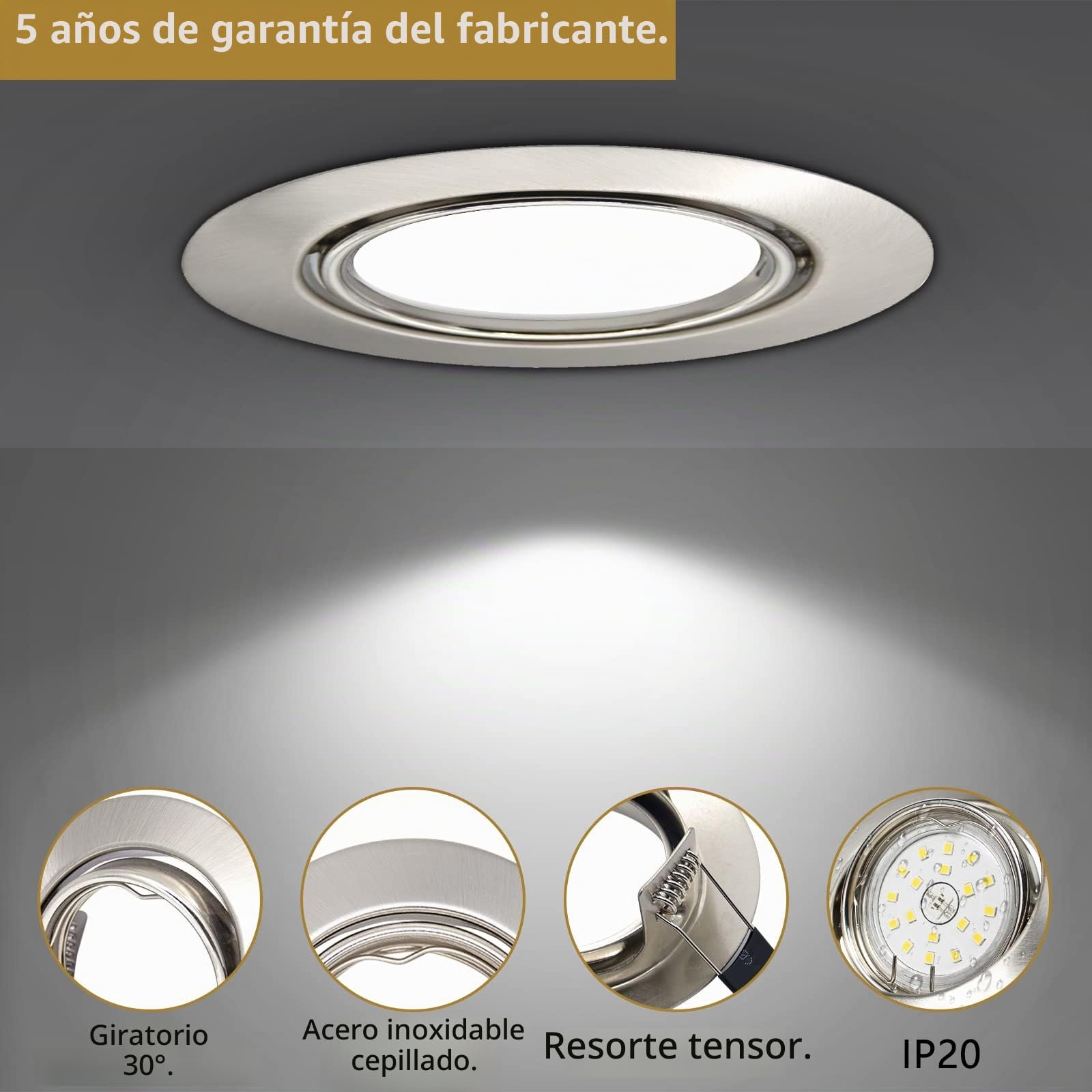 Marco Foco Empotrable GU10,20 pack marco de montaje en acero inoxidable cepillado 230V, luminaria empotrada con diámetro de agujero de 68 mm, incluye casquillo GU10 orientable, diseño redondo