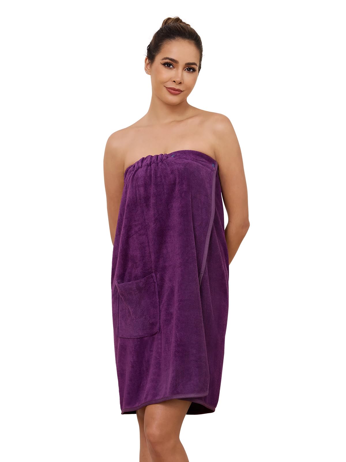 AMVELOP Womens Knee Length Wrap Towel,Button Bath Robe Adjustable Closure,Lightweight Spa Bathrobes With Pocket