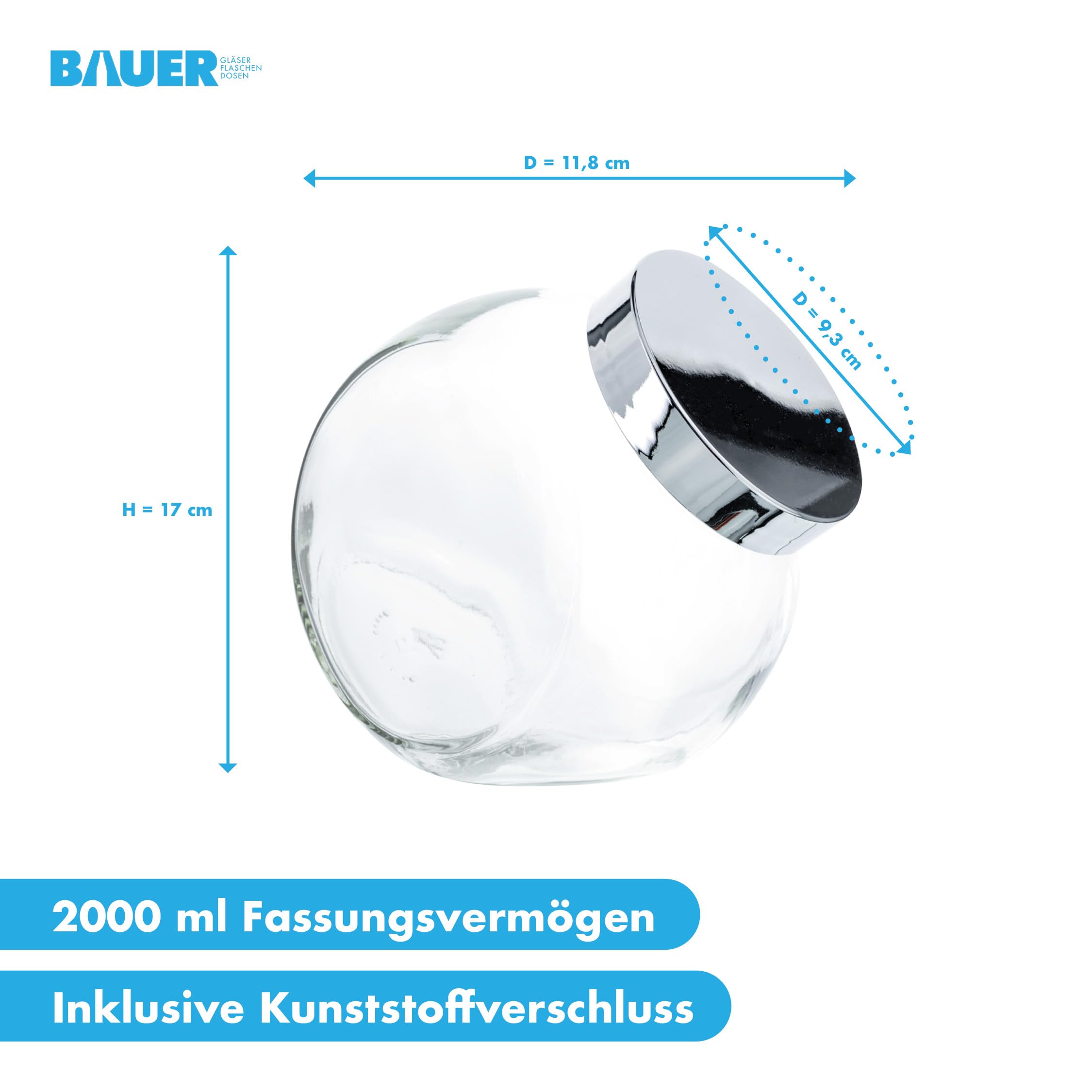 Flaschenbauer - 6X bocaux à bonbons 2L avec couvercle en plastique argenté, idéal comme bocal de stockage pour les articles de cosmétique ou pour un candy bar.