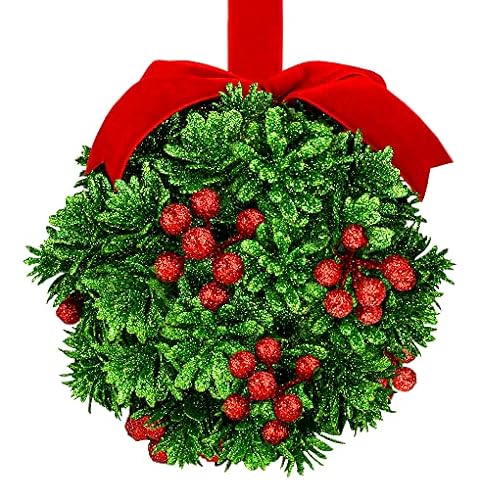 5" Glitter Mistletoe Kissing Ball Christmas Ornament - Hanging Mistletoe Decoration for Doorway - Kiss Mistletoe Ornament - Christmas Mistletoe Ball with Red Berries Friendship Holiday Decoration Cover