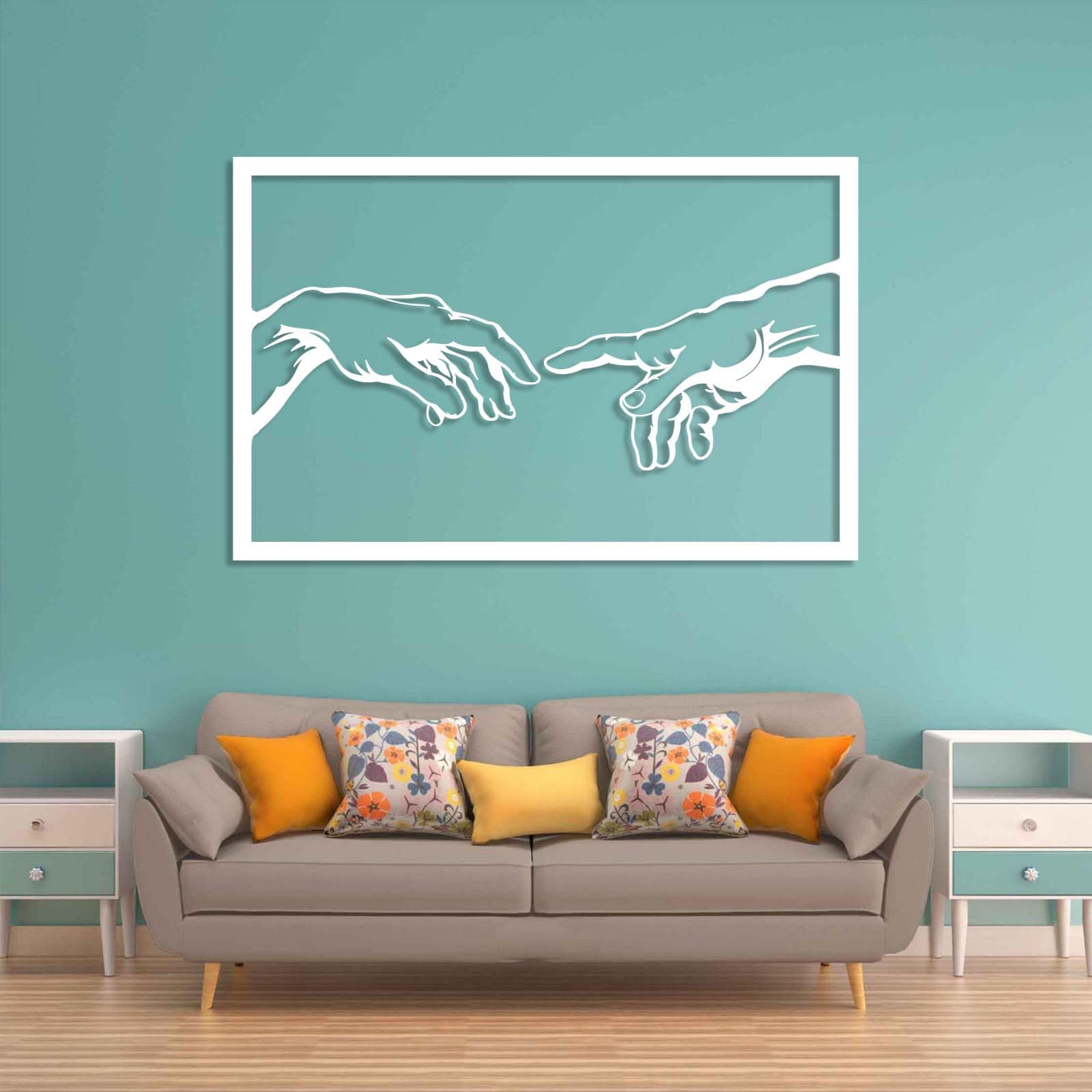 Arte Mural de Metal, Creación de Adán, Arte de Dios, Decoración bíblica, Living (Plateado, 121 x 78 cm)