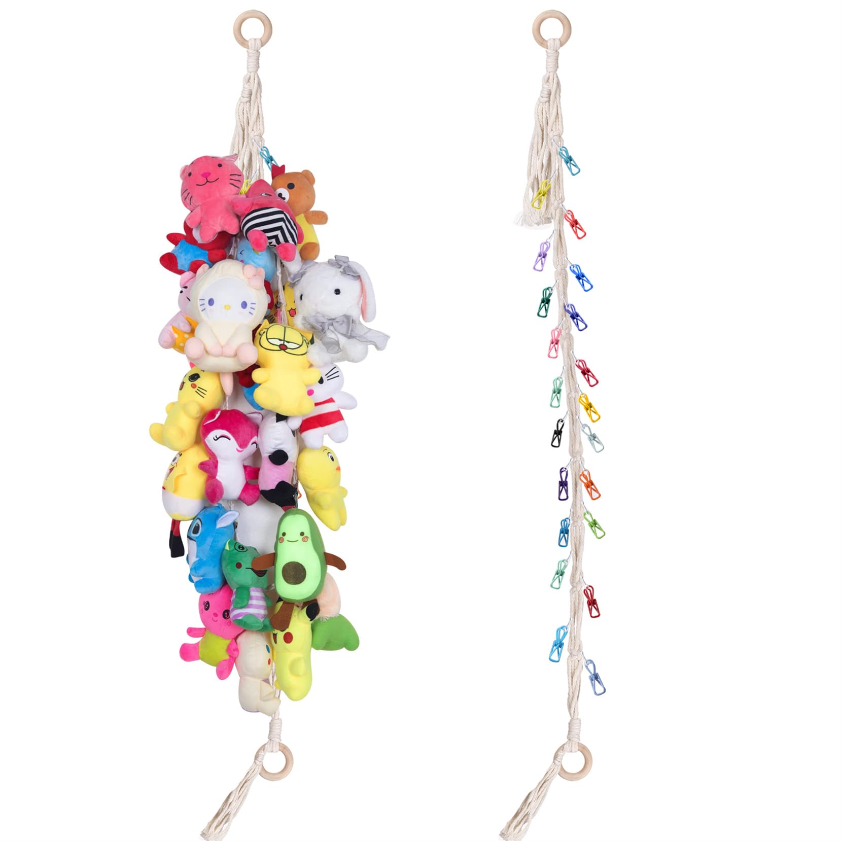 Boho Toy Storage Chain 78" Stuffed Animal Chain Holder Hanging Macrame Stuff Animals Organizer with Clips for Bedroom Wall Display