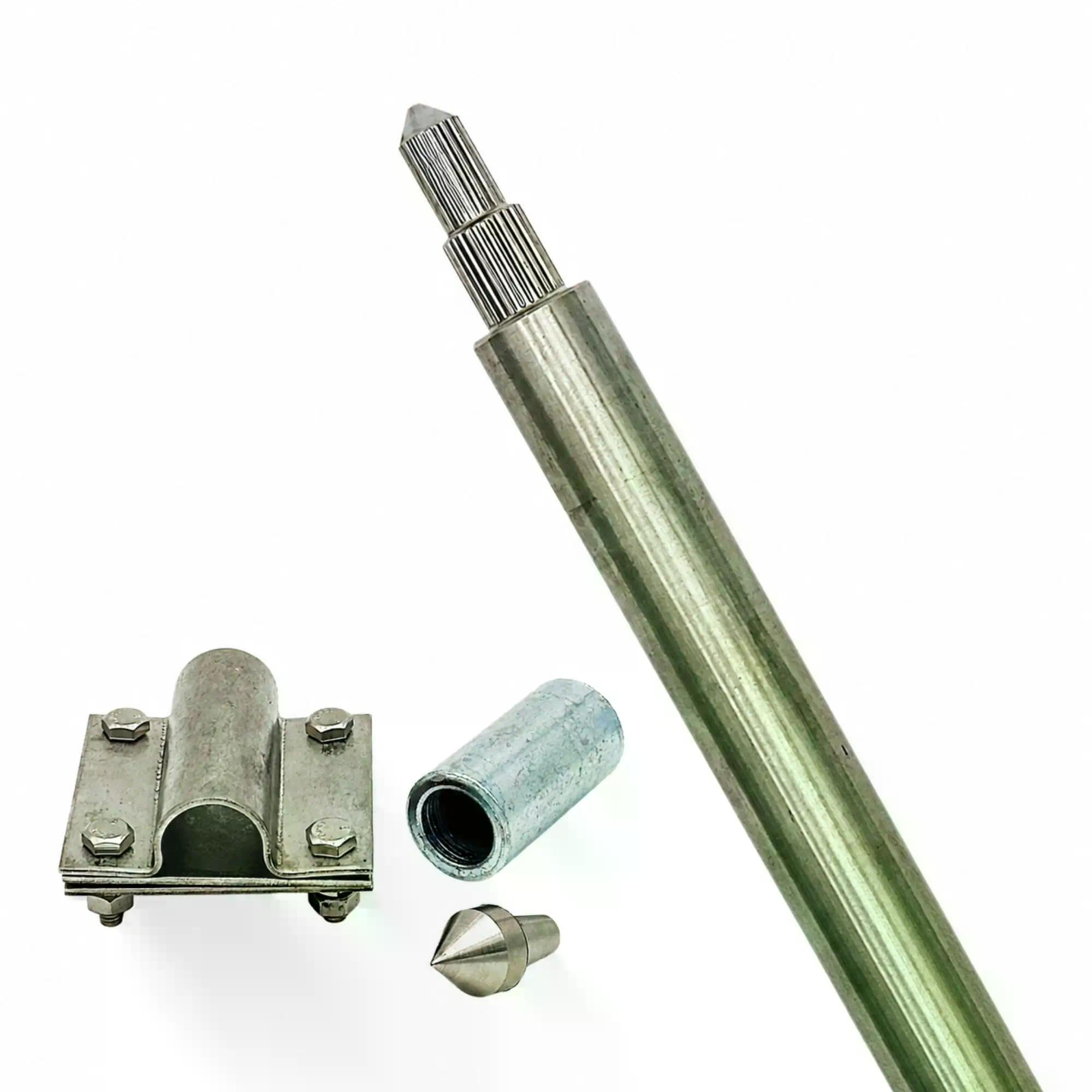 Offgridtec Tiefenerder V4A Set 1,5 m – Erdungsspieß Ø20 mm aus Edelstahl inkl. Einschlagspitze, Kreuzerder-Klemme & Schutzadapter – Erdungsstab für Blitzschutz, Erdungssysteme und PV-Anlagen