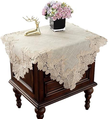 Mantel cuadrado de encaje para mesa de noche, mantel bordado floral moderno y sencillo, para armario de TV, color beige, 26 x 26 pulgadas