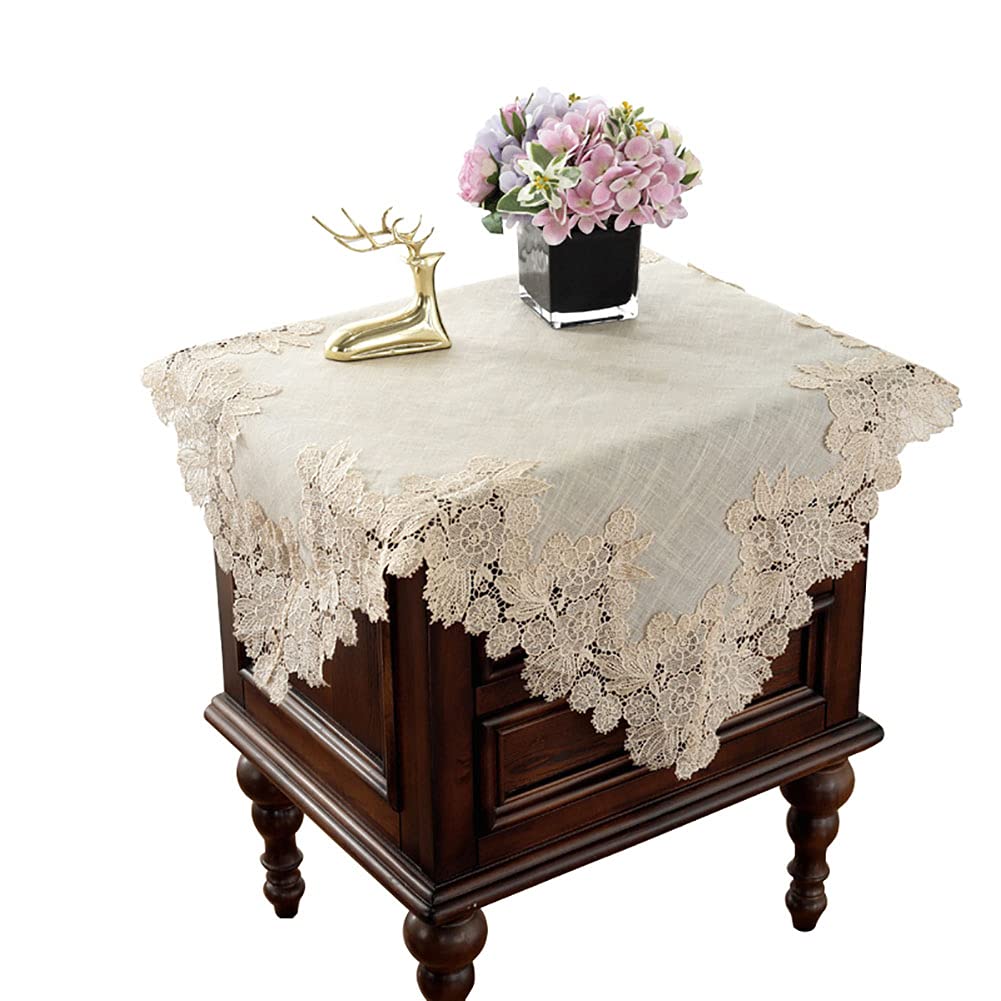 Nappe brodée florale beige 145x145 pour meuble TV et table de chevet