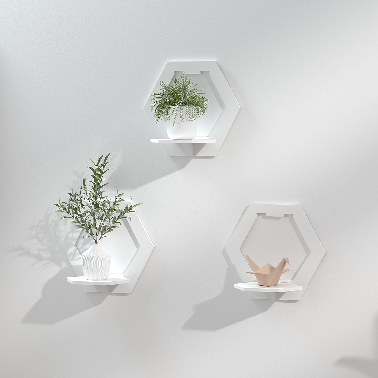 Shelves for Wall, PVC Floating Shelf Easy Assembly, 29x29x18cm, Practical and Decorative Shelf for Children's Room, Living Room, Bedroom, Hexagon (White, Set of 3)