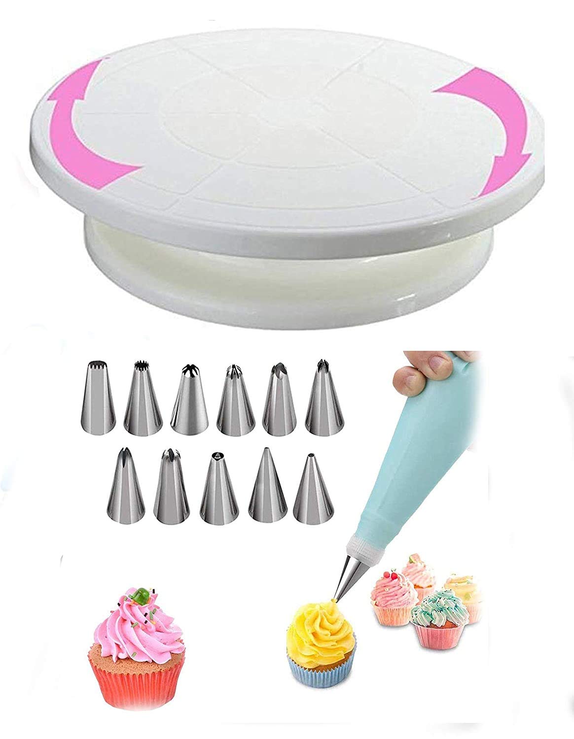 LEAWALL Cake Decorating Kits Supplies Cake Turntable,4 Cake Decorating Scraper, 12 Numbered Cake Decorating Tips,1 Silicone Piping Bag, and 1 Coupler