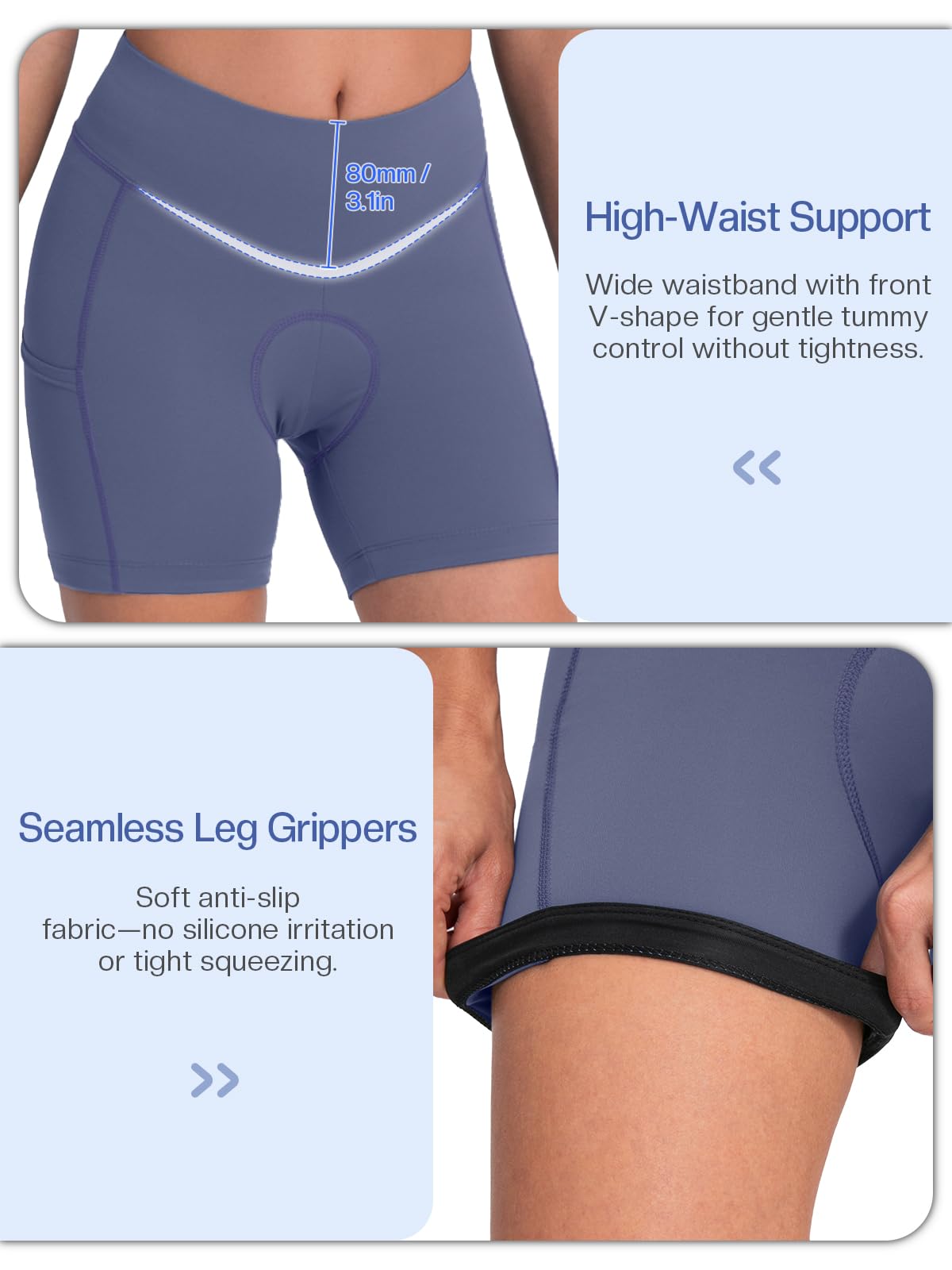 BERGRISAR Short de cyclisme rembourré 4D pour femme avec 3 poches | Tissu évacuant l'humidité, 3 poches sécurisées, ouvertures antidérapantes pour les jambes