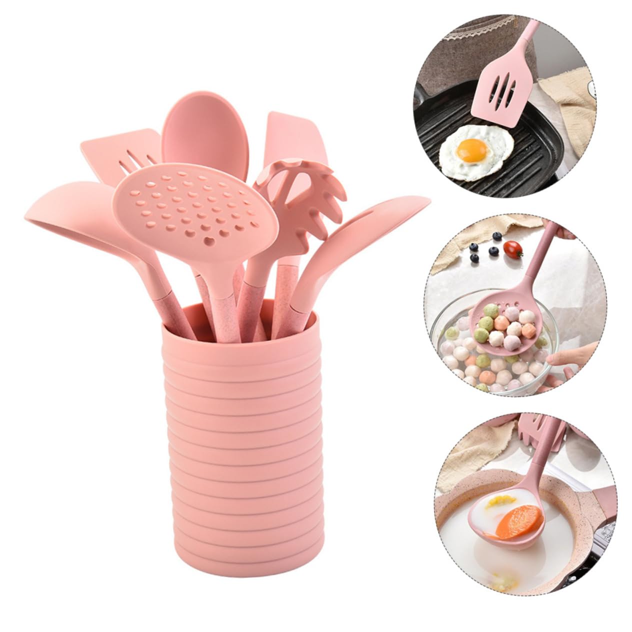 Cabilock Set De Utensilios De Cocina De Silicona Espátula Cucharón Pala Colador Cuchara Mango De Madera Diseño Ergonómico