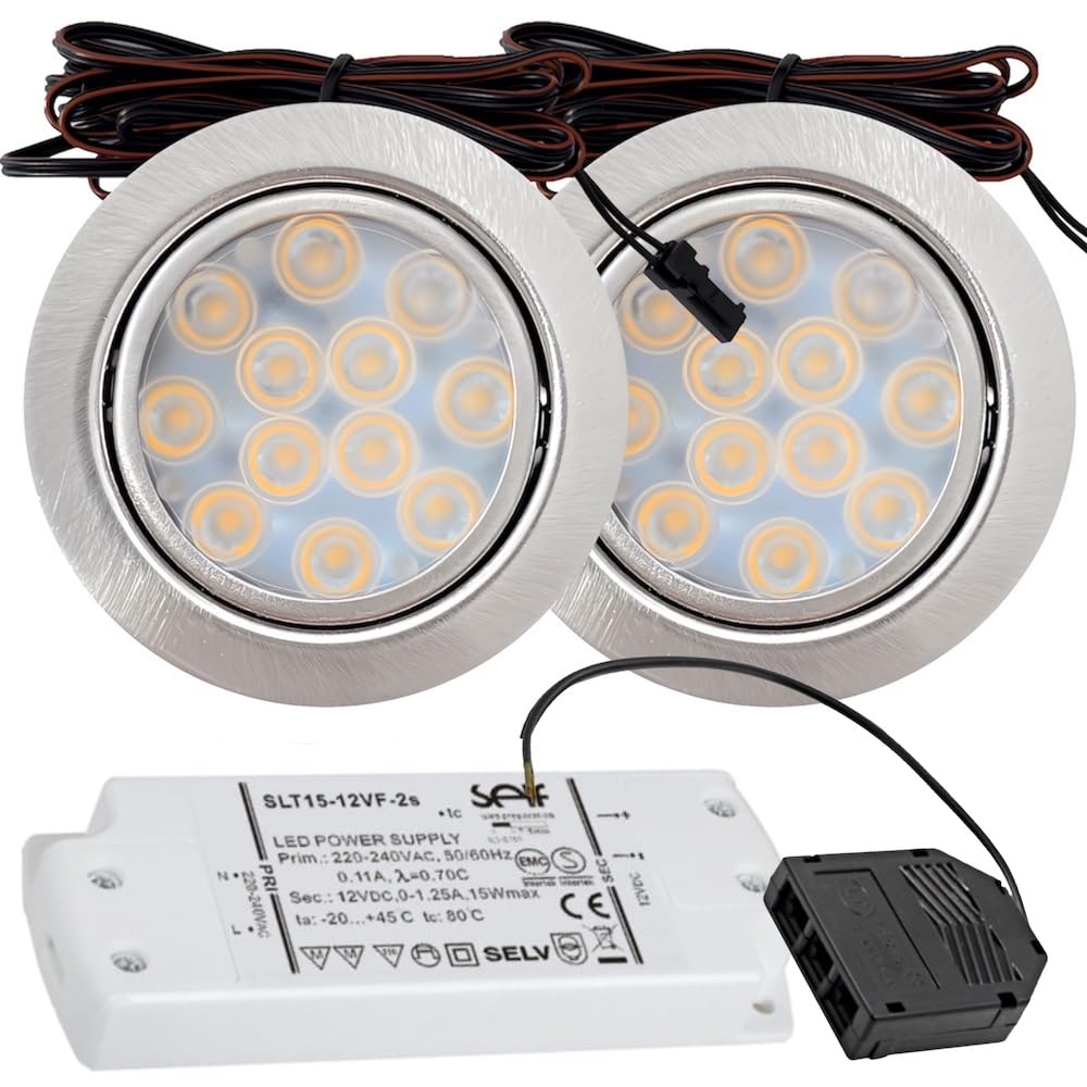 2 x 3W LED Möbeleinbauleuchten 12V super flach 65mm Einbaustrahler Leonie mit LED Trafo und Mini Verteiler 3000K Warmweiß Lochausschnitt: 55 bis 60mm