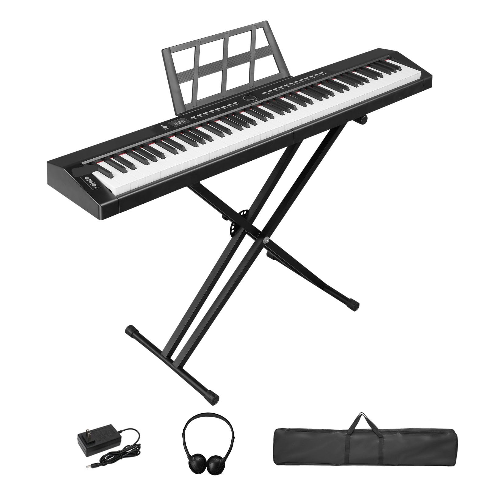 LALAHO Piano Numérique Semi-Marteau 88 Touches, Clavier Électronique avec Pédale de Sustain, Bluetooth MIDI, Pupitre de Partition, Écouteurs (Noir, Piano+Support)