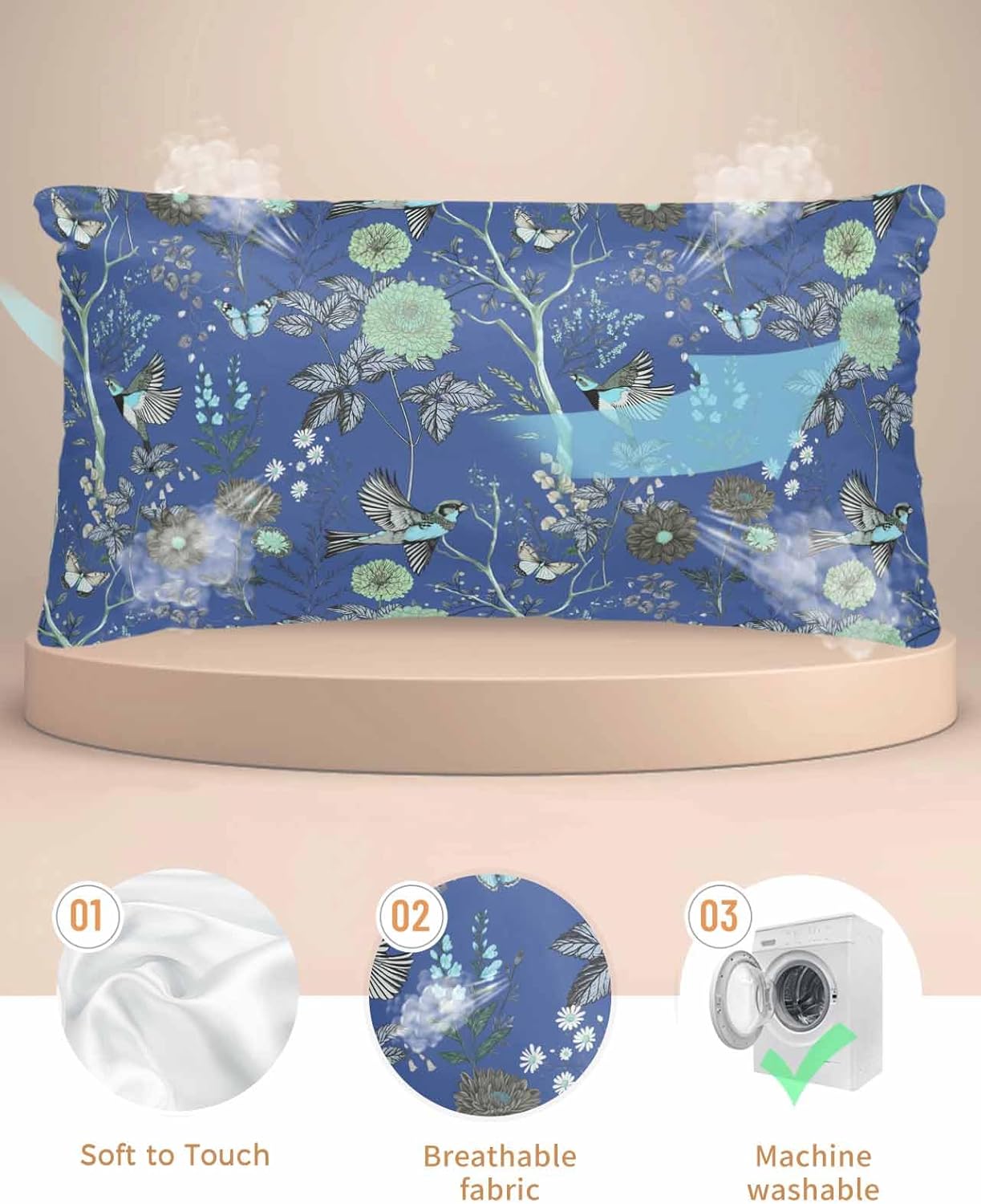 Blue Botanical Pillow Cases Cal King Size, Smooth Satin Pillowcase for Hair and Skin, Vintage Pastoral Birds Spring Floral Decorative Cooling Bed Pillow Covers with Zipper, 20x40 Inches